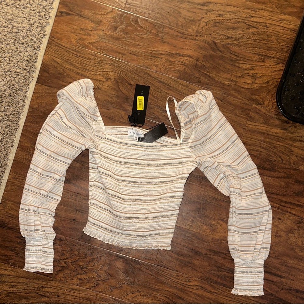 Gianni Bini Angel woven multi-striped smocked blouse with square neck and long